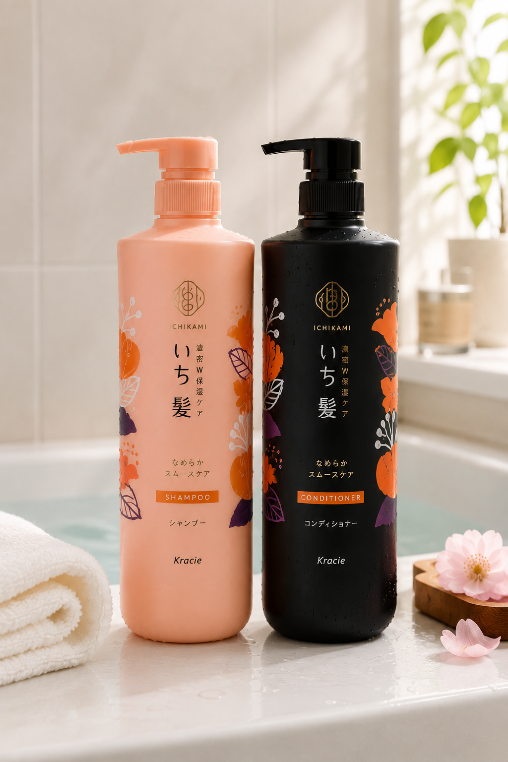 ICHIKAMI shampoo and conditioner bottles in peach and black packaging displayed on a white bathtub with towels, flowers, and a softly lit bathroom background.