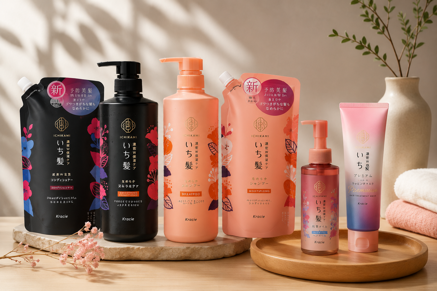 ICHIKAMI hair care collection featuring shampoo, conditioner, refill pouches, hair treatment, and premium hair mask arranged on wooden trays in a warm, natural setting.